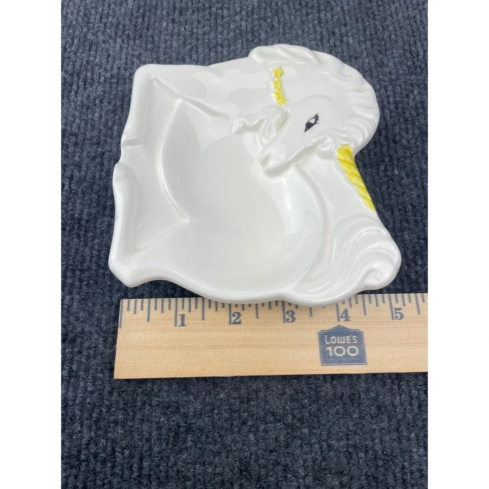 Vintage Japan Ceramic Unicorn Trinkical Dish White Yellow Figural Catchall Tray